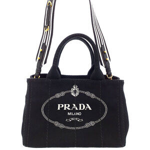 Prada Canapa Tote canvas handbag top handles 2way Black